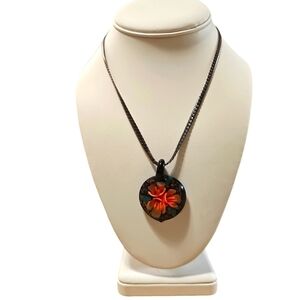 Peach Flower Murano Glass Pendant on Flat Gunmetal Chan Necklace